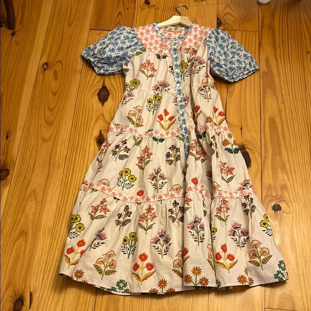 Oliphant Floral Tiered Midi Dress in Cream, Blue, Pink, Yellow, Green - Picture 1 of 4